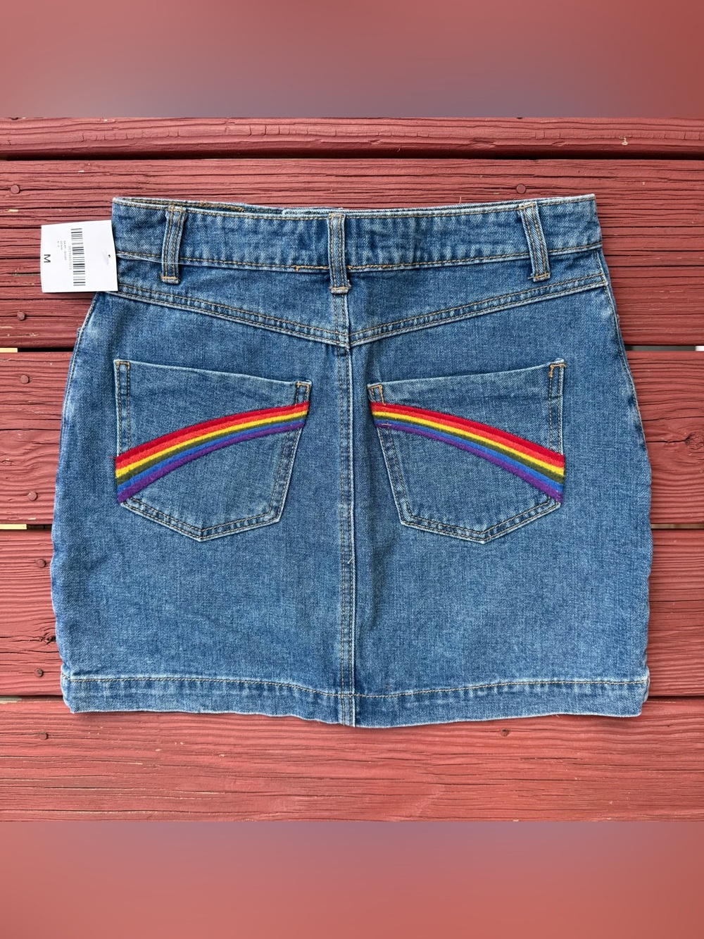 Forever 21 Blue Denim Mini Skirt with Rainbow Pocket Embroidery